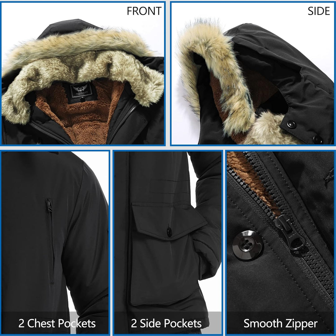 Mens Mid-Length Parka with Detachable Hood Winter Outerwear