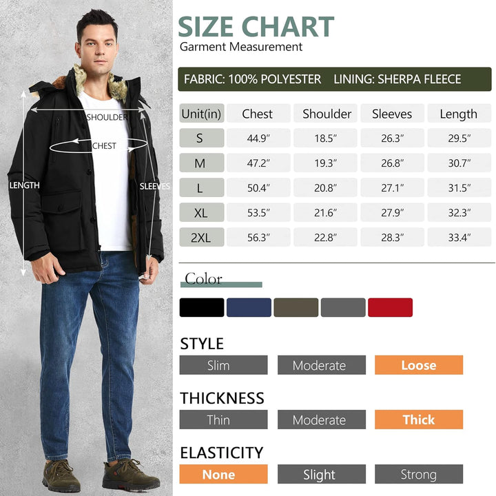 Mens Mid-Length Parka with Detachable Hood Winter Outerwear