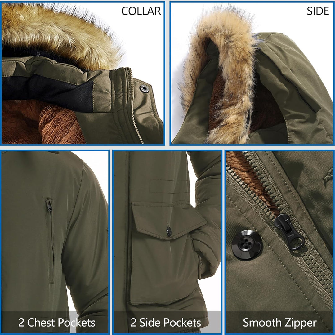 Mens Mid-Length Parka with Detachable Hood Winter Outerwear