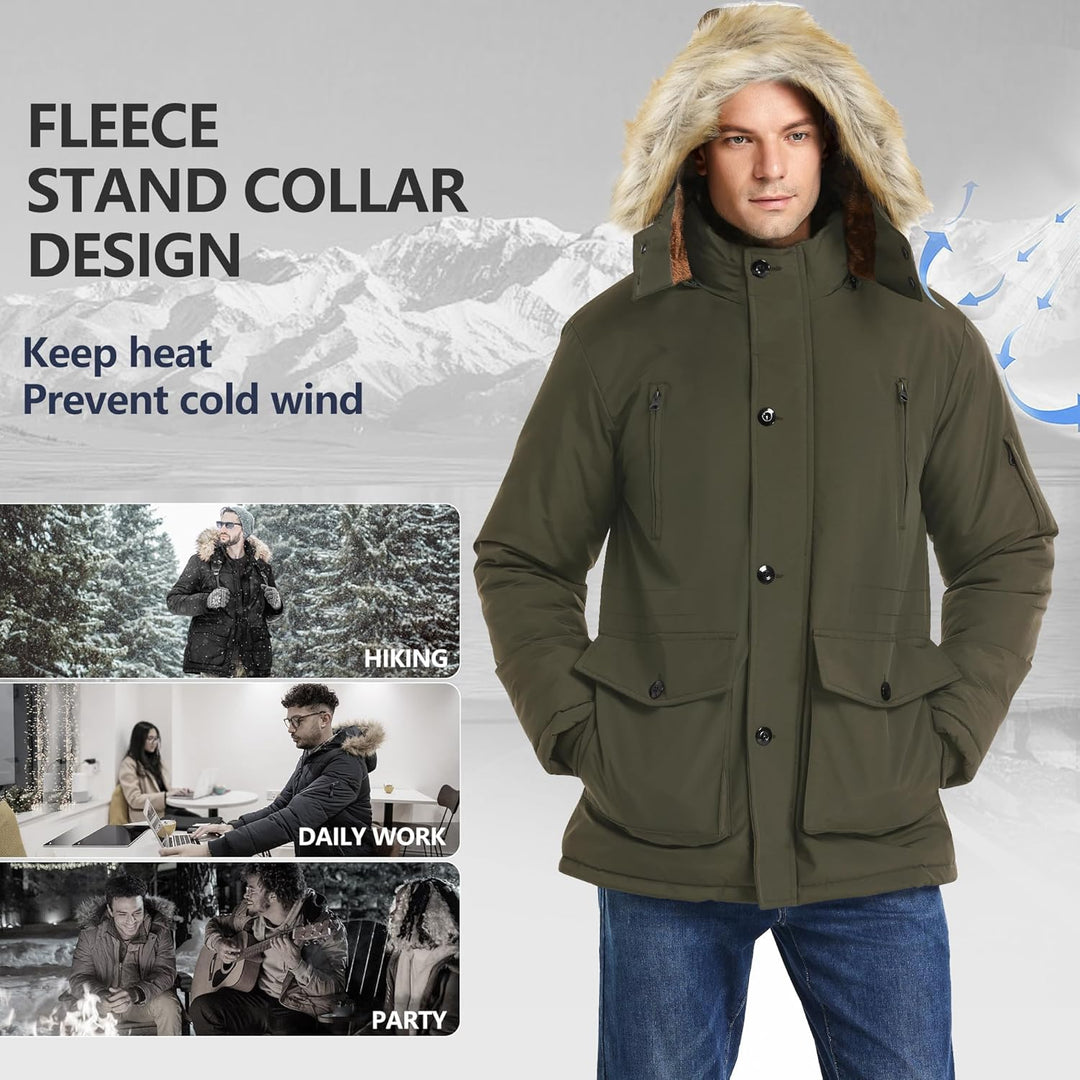 Mens Mid-Length Parka with Detachable Hood Winter Outerwear