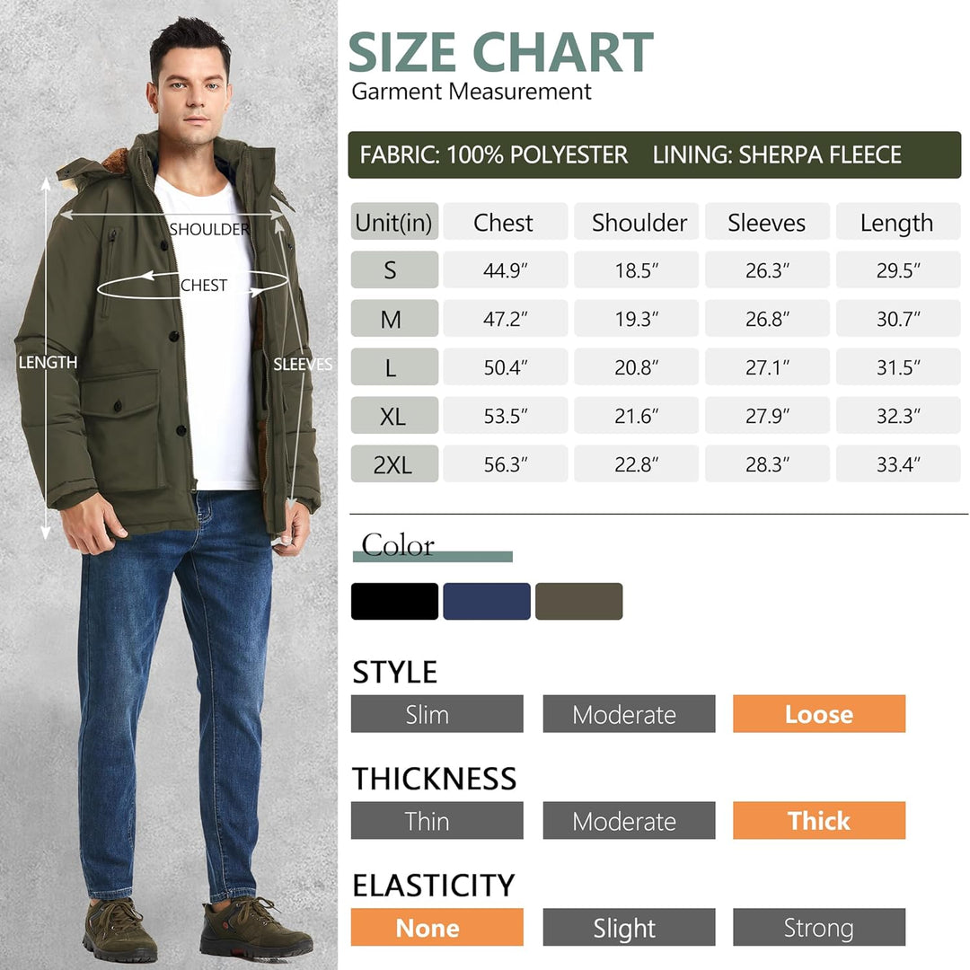 Mens Mid-Length Parka with Detachable Hood Winter Outerwear