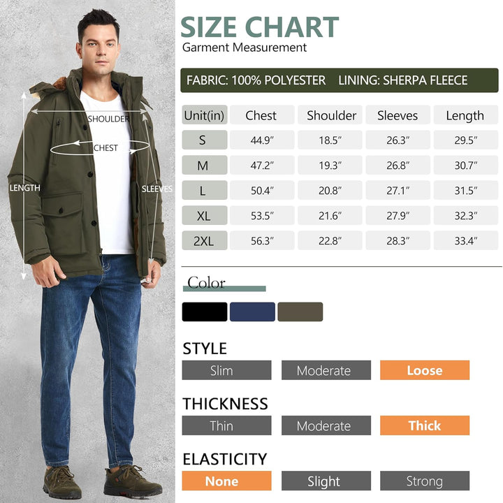 Mens Mid-Length Parka with Detachable Hood Winter Outerwear