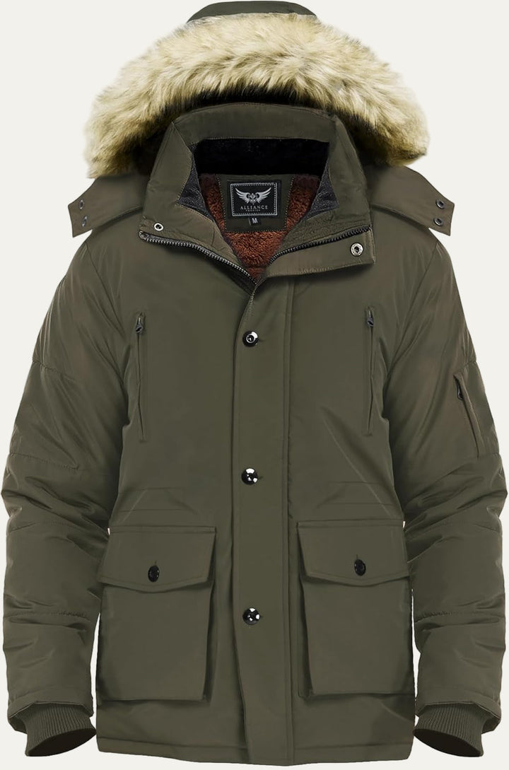 Mens Mid-Length Parka with Detachable Hood Winter Outerwear - BritishMode