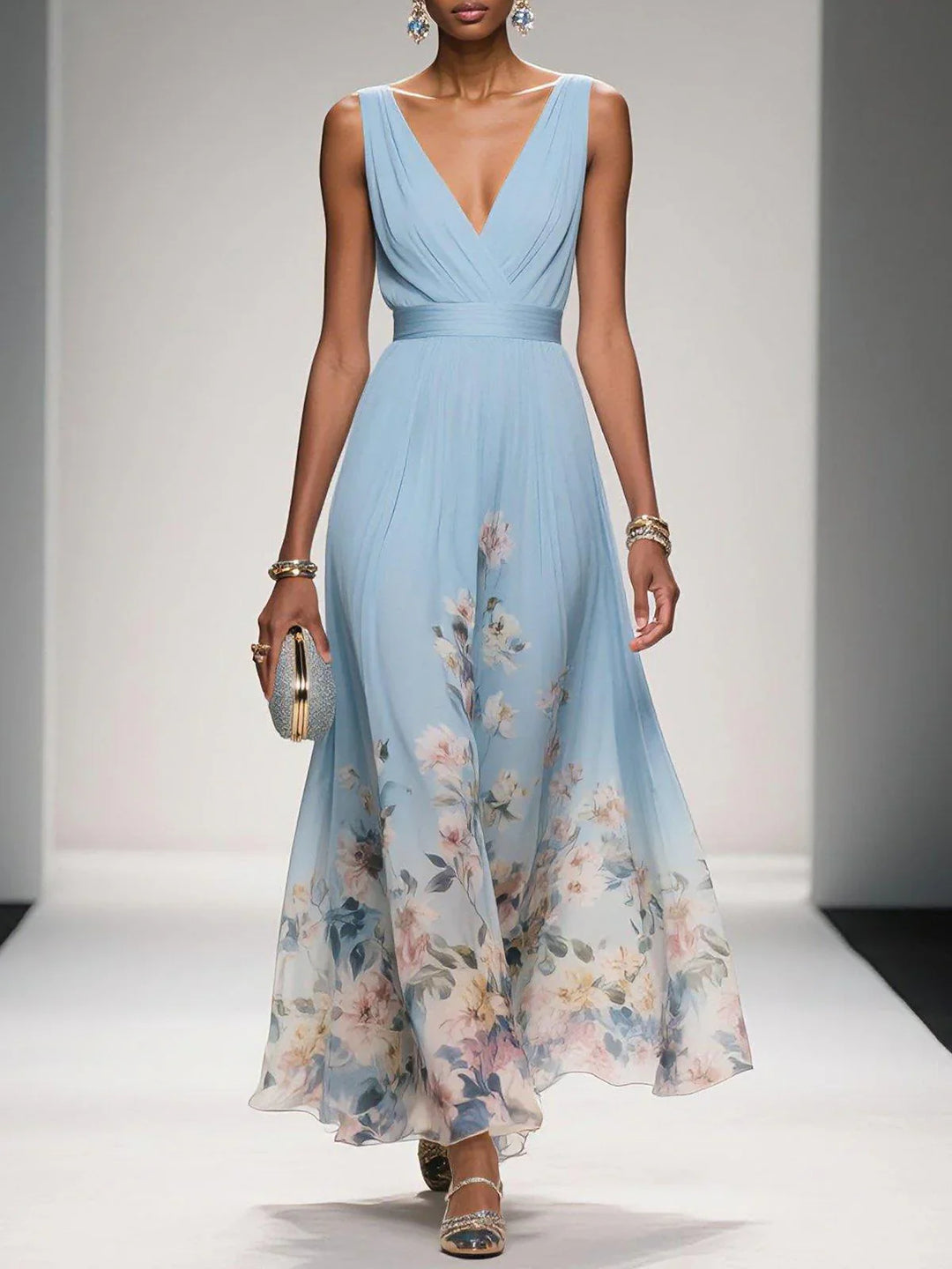 Womens Maxi Dress V-Neck Belted Waist Floral - BritishMode