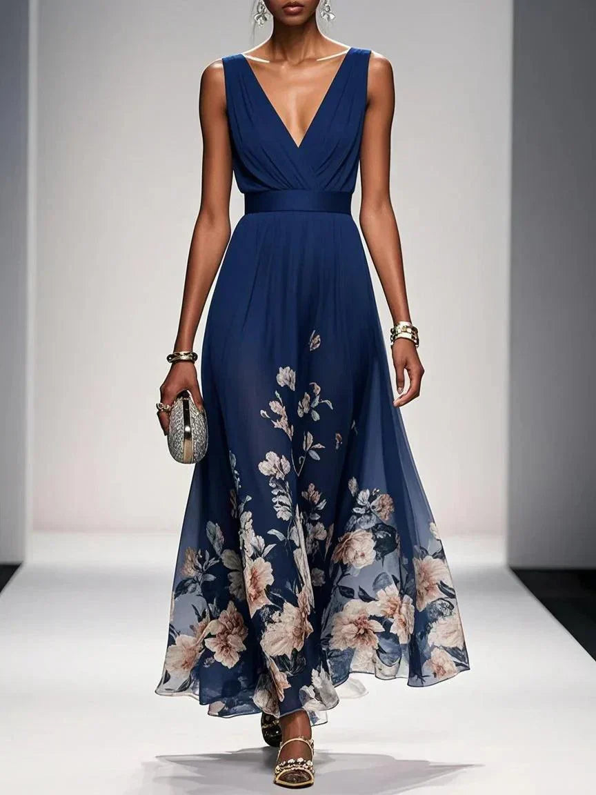 Womens Maxi Dress V-Neck Belted Waist Floral