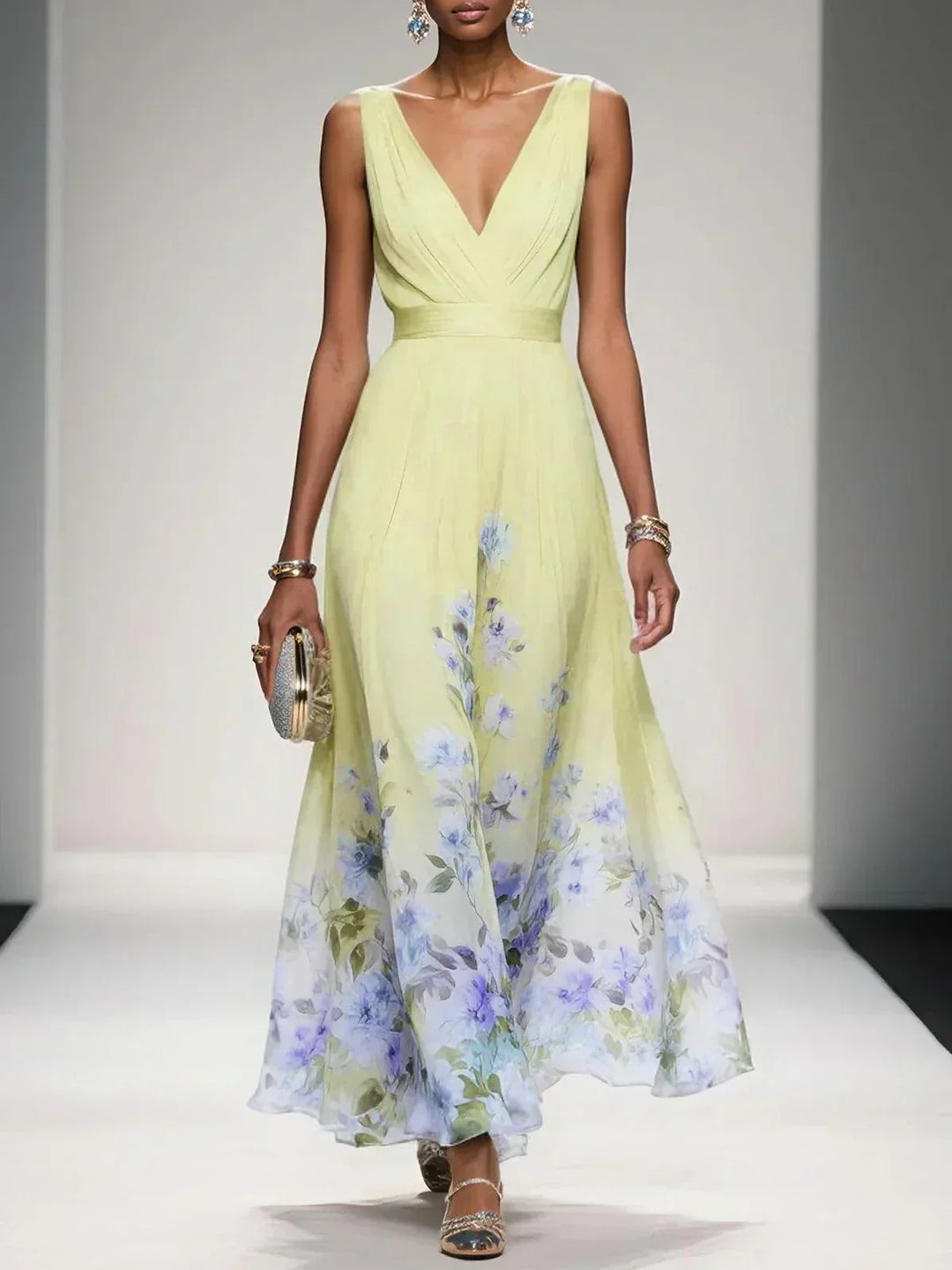 Womens Maxi Dress V-Neck Belted Waist Floral