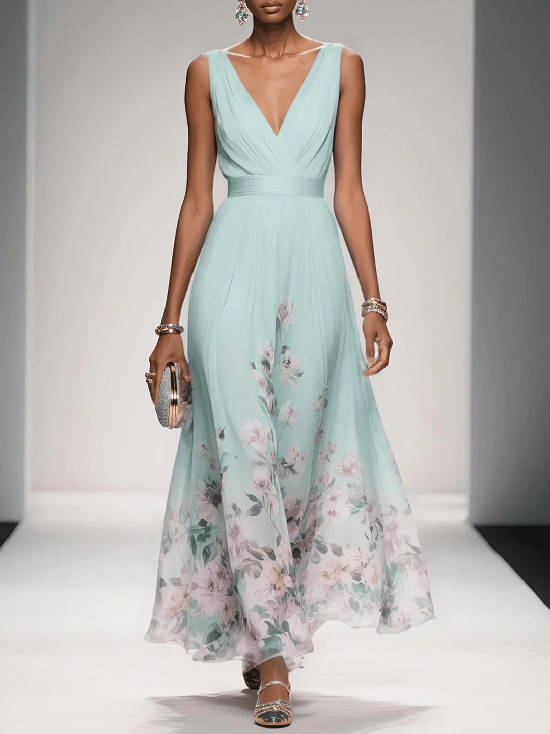 Womens Maxi Dress V-Neck Belted Waist Floral