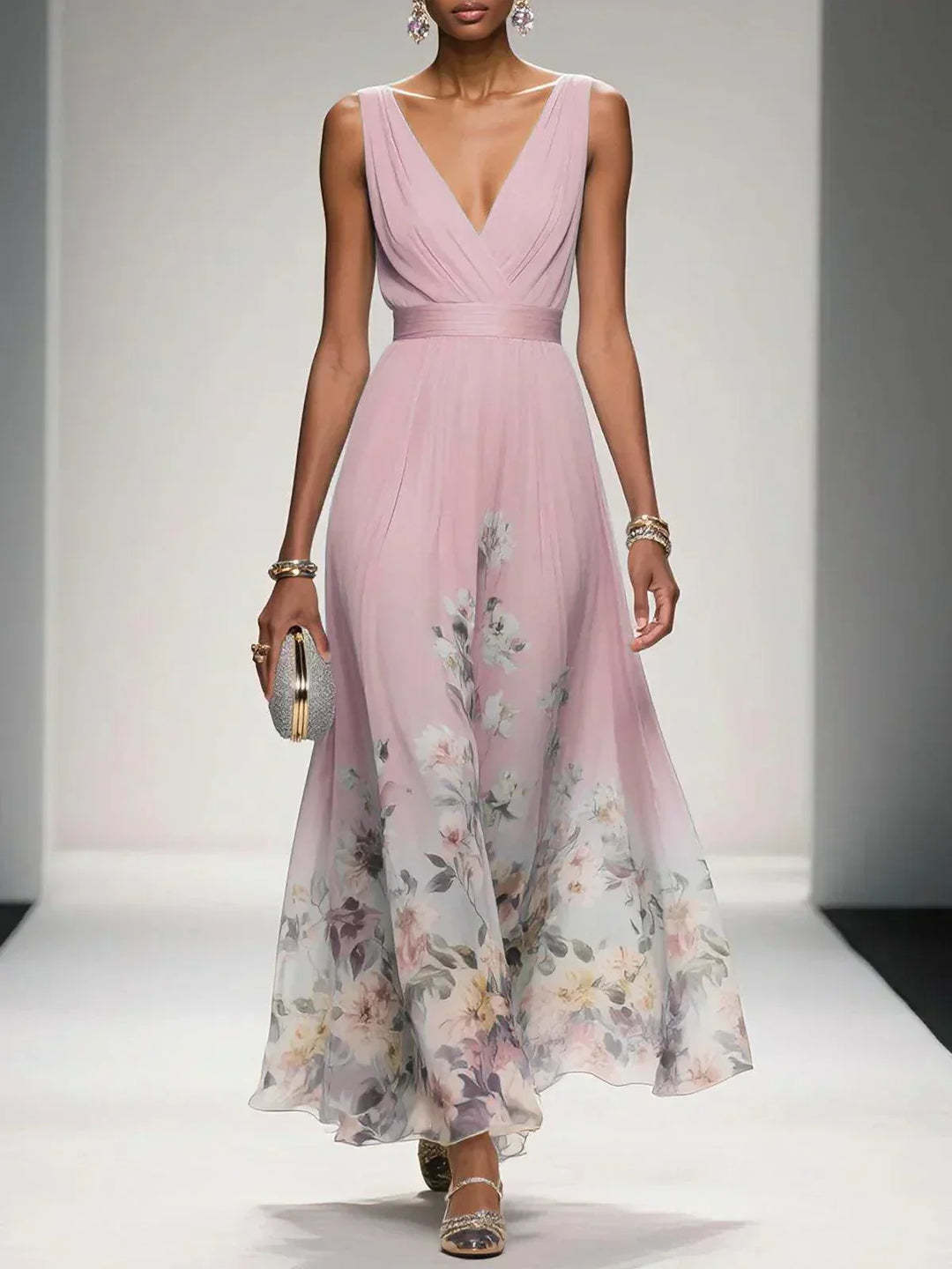 Womens Maxi Dress V-Neck Belted Waist Floral