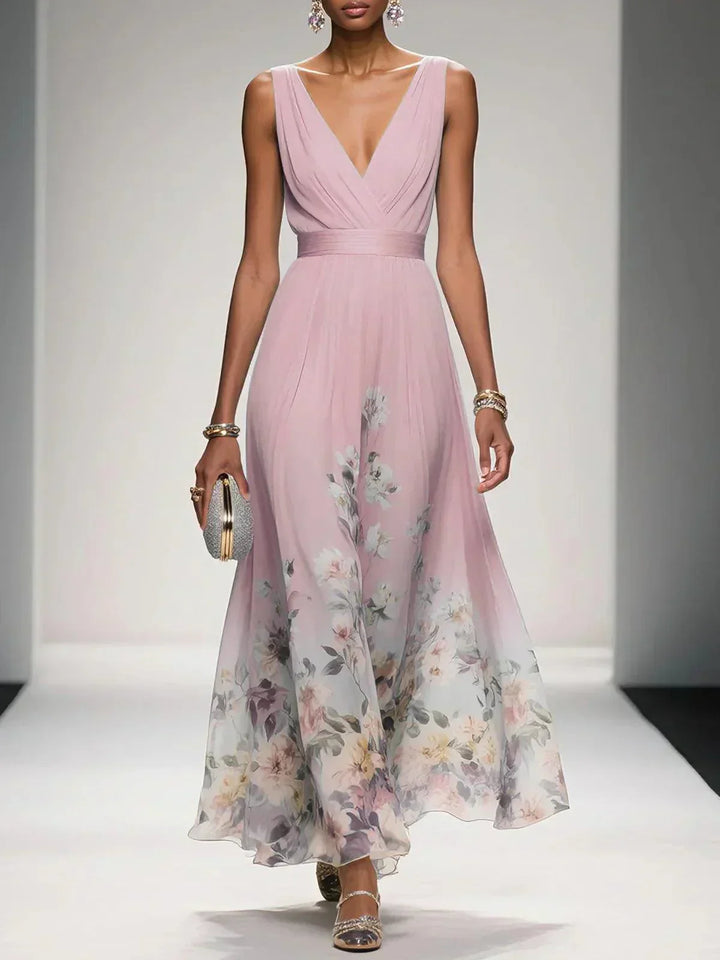 Womens Maxi Dress V-Neck Belted Waist Floral