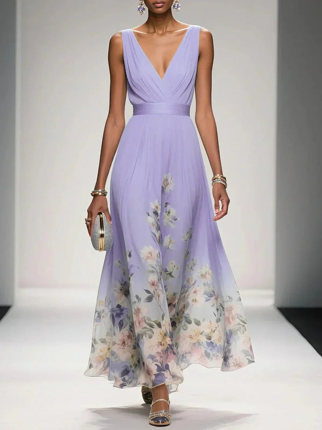 Womens Maxi Dress V-Neck Belted Waist Floral