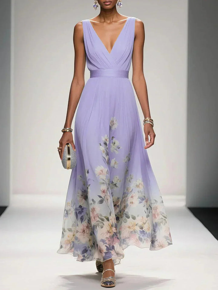 Womens Maxi Dress V-Neck Belted Waist Floral