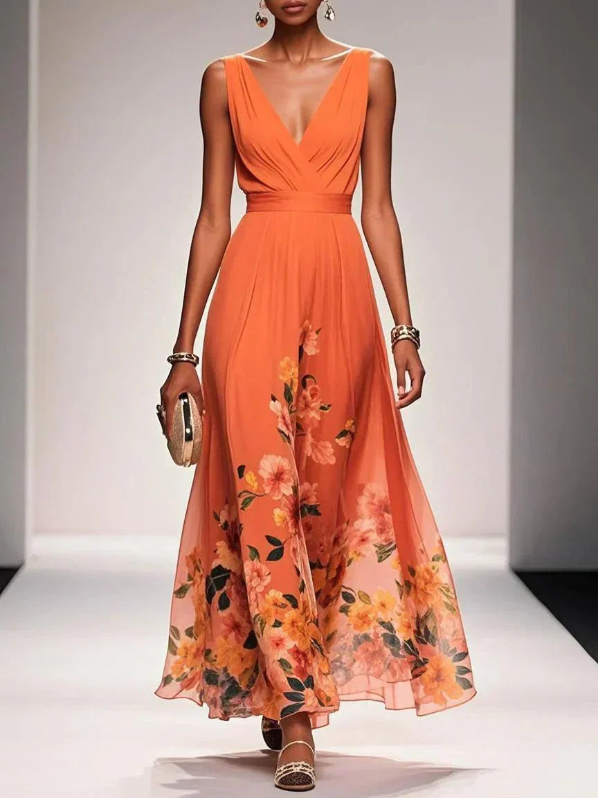 Womens Maxi Dress V-Neck Belted Waist Floral