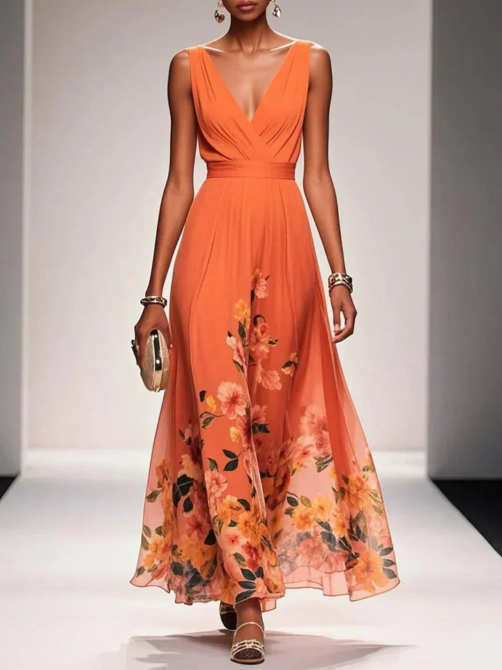 Womens Maxi Dress V-Neck Belted Waist Floral