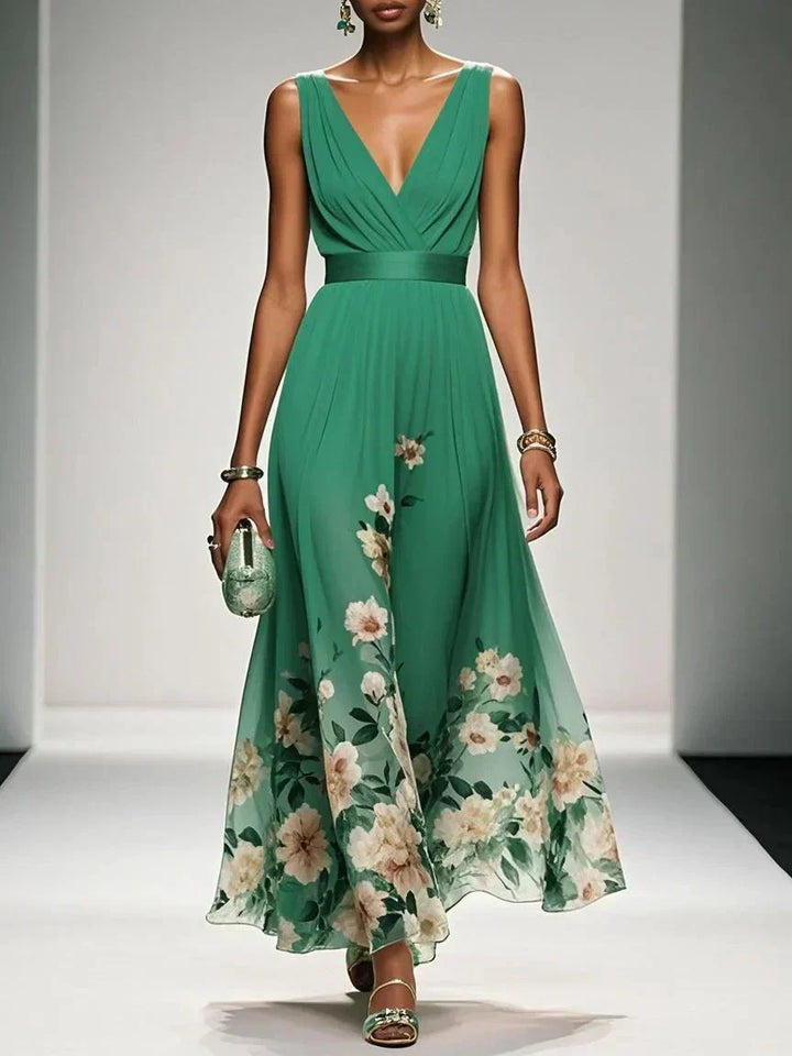 Womens Maxi Dress V-Neck Belted Waist Floral