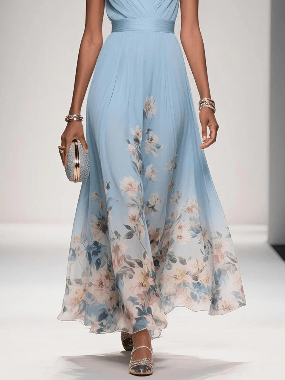 Womens Maxi Dress V-Neck Belted Waist Floral