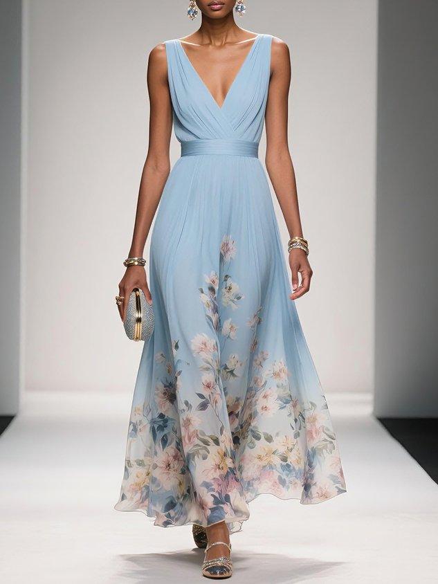 Womens Maxi Dress V-Neck Belted Waist Floral