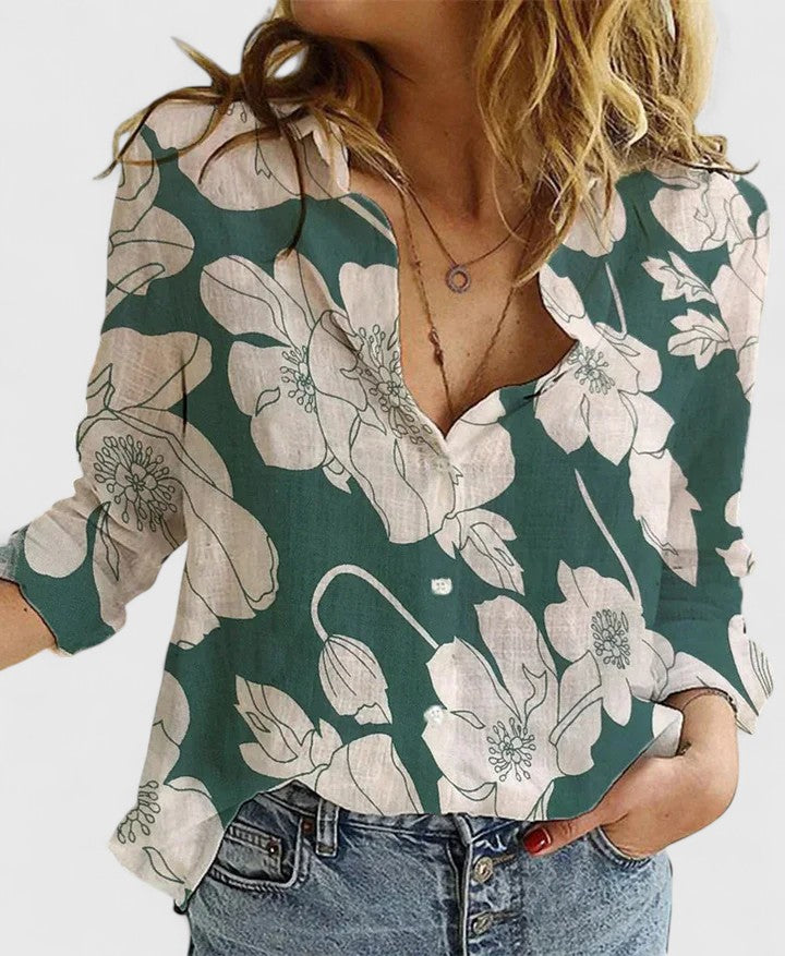 Womens Linen V-Neck Blouse with Buttons