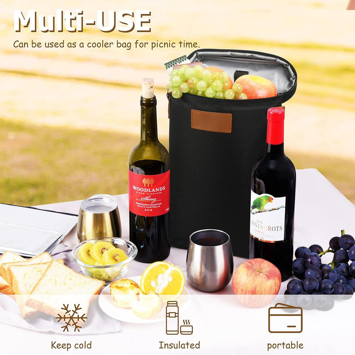 Insulated Dual Wine Bottle Carrier Bag with Adjustable Strap