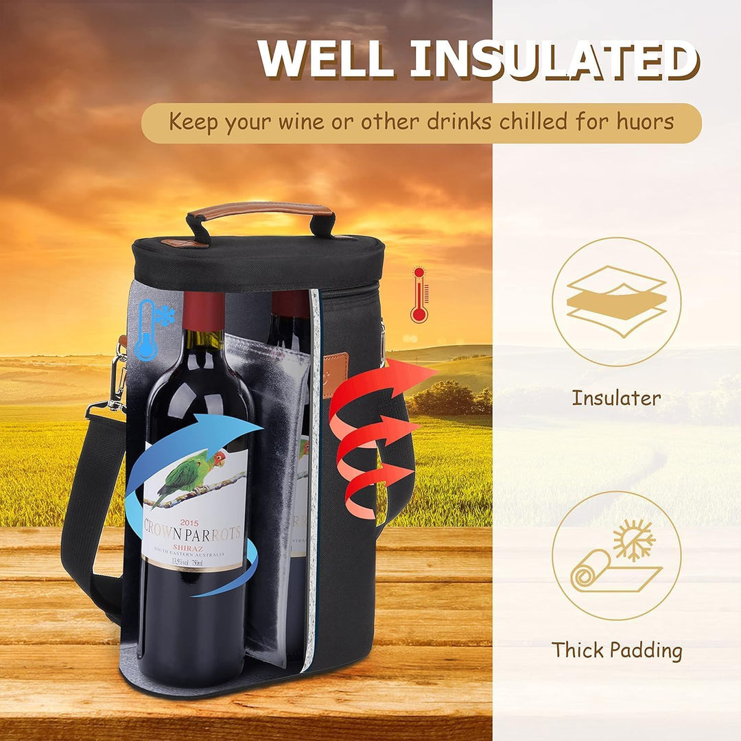 Insulated Dual Wine Bottle Carrier Bag with Adjustable Strap