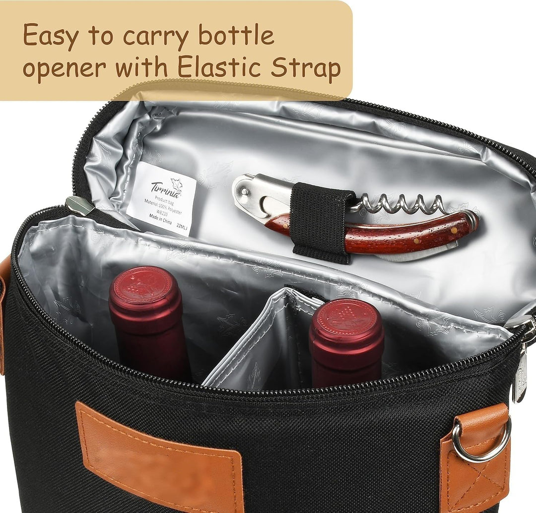 Insulated Dual Wine Bottle Carrier Bag with Adjustable Strap