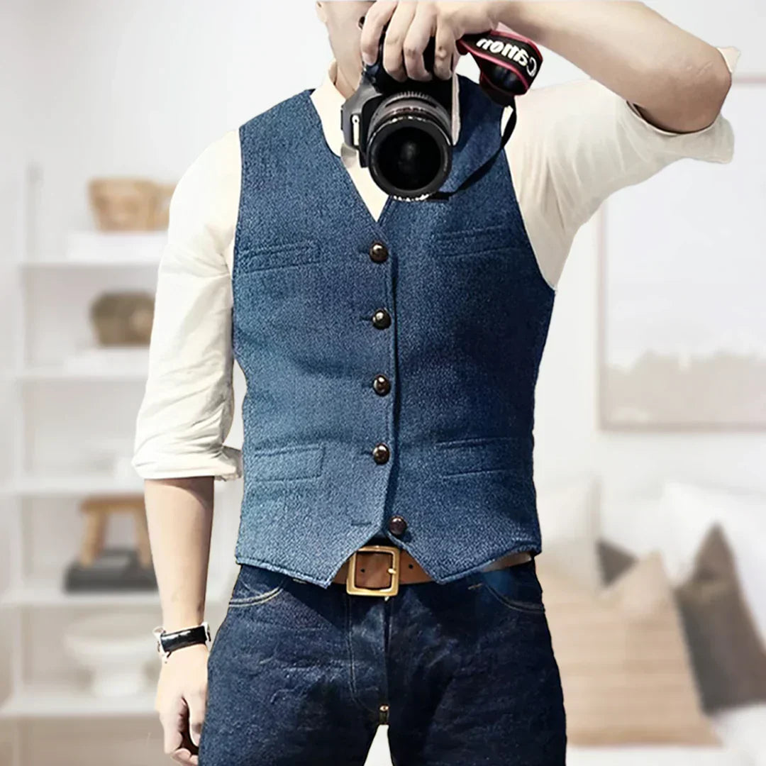 Mens Sleeveless Sweater Wool Blend Vintage Style Button Closure - BritishMode