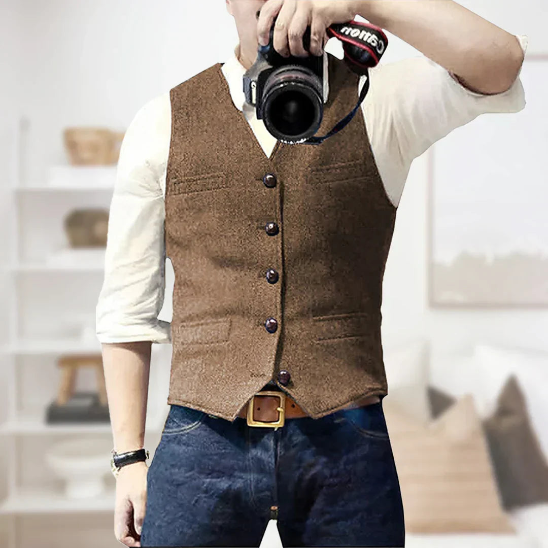 Mens Sleeveless Sweater Wool Blend Vintage Style Button Closure