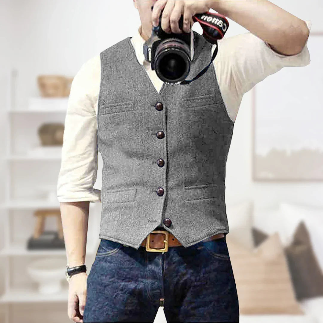 Mens Sleeveless Sweater Wool Blend Vintage Style Button Closure