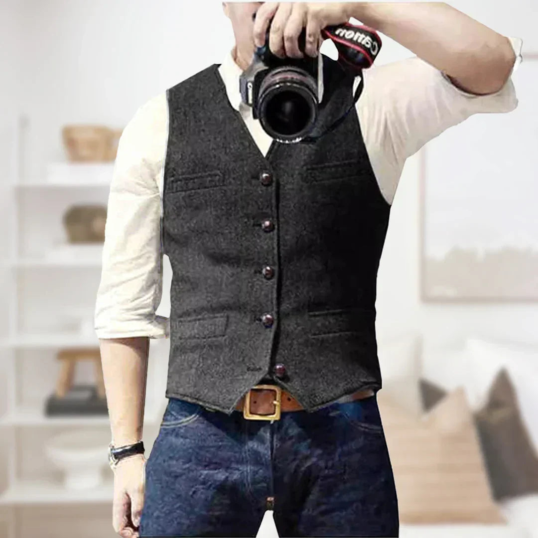 Mens Sleeveless Sweater Wool Blend Vintage Style Button Closure
