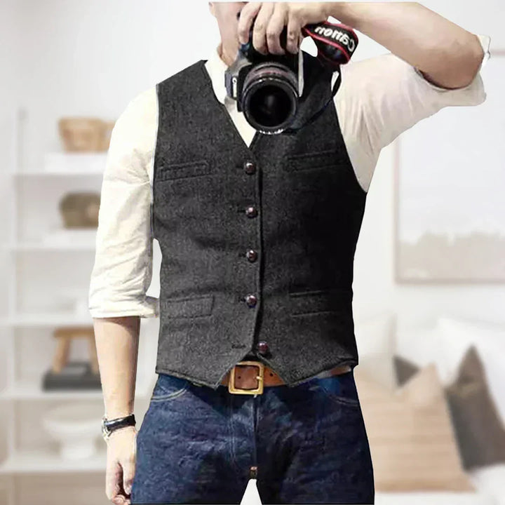Mens Sleeveless Sweater Wool Blend Vintage Style Button Closure
