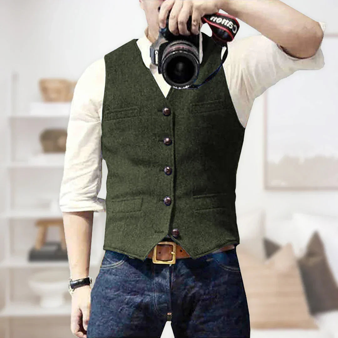 Mens Sleeveless Sweater Wool Blend Vintage Style Button Closure