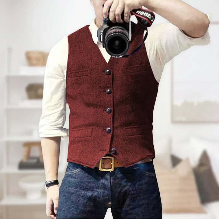 Mens Sleeveless Sweater Wool Blend Vintage Style Button Closure