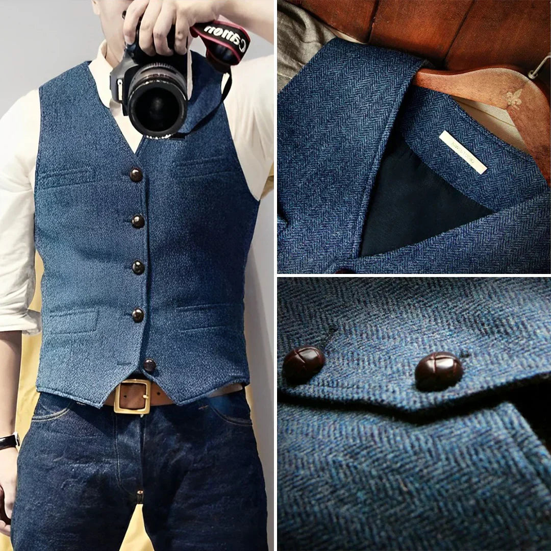 Mens Sleeveless Sweater Wool Blend Vintage Style Button Closure