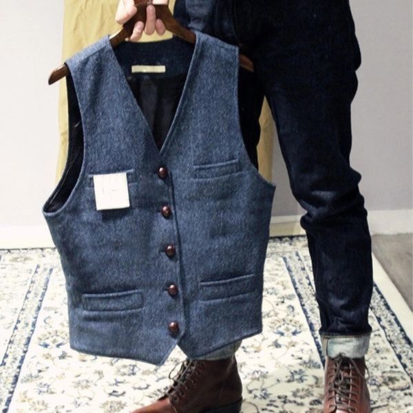 Mens Sleeveless Sweater Wool Blend Vintage Style Button Closure