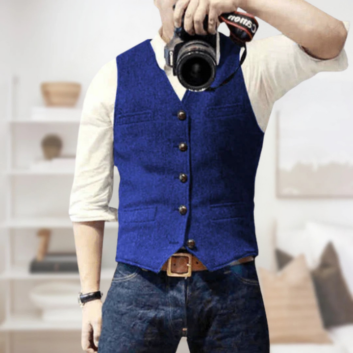 Mens Sleeveless Sweater Wool Blend Vintage Style Button Closure