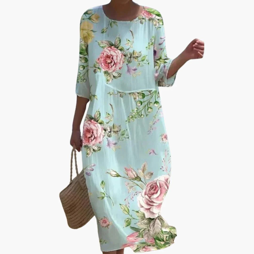 Womens Midi Dress Floral Pattern Three Quarter Sleeve - BritishMode