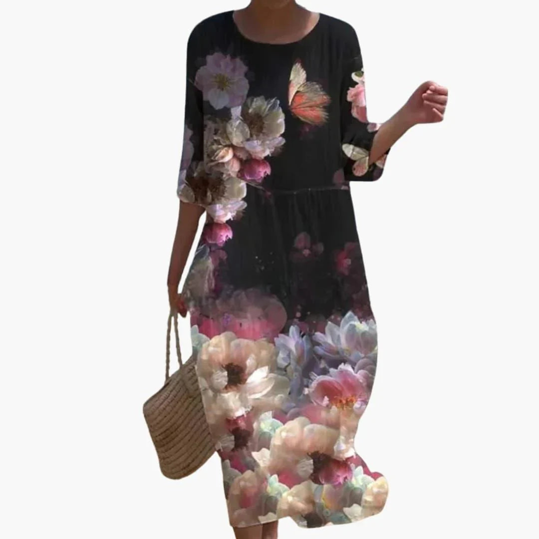 Womens Midi Dress Floral Pattern Three Quarter Sleeve