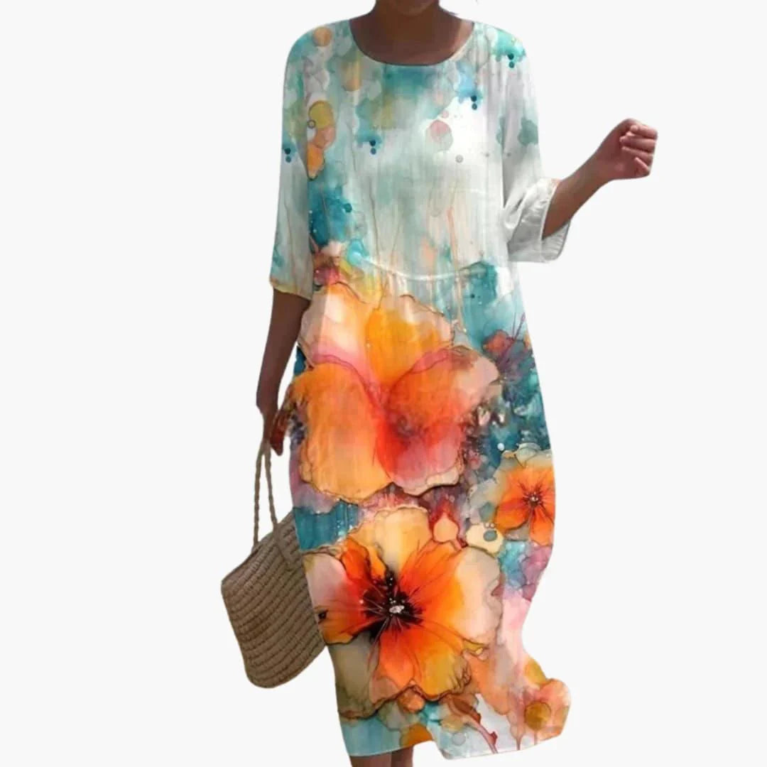 Womens Midi Dress Floral Pattern Three Quarter Sleeve