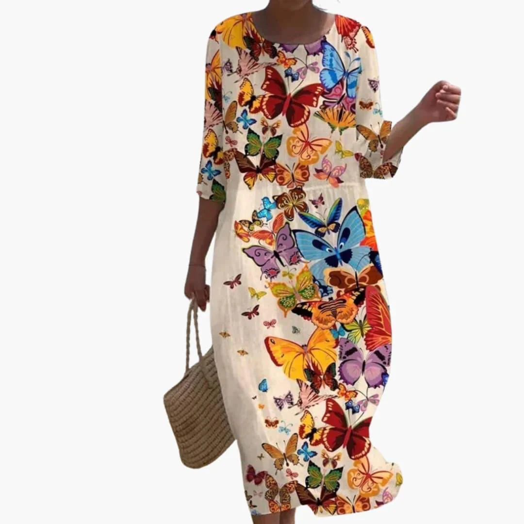 Womens Midi Dress Floral Pattern Three Quarter Sleeve