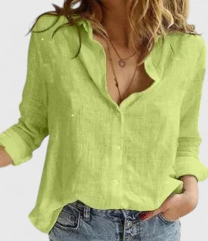 Womens Linen V-Neck Blouse with Buttons