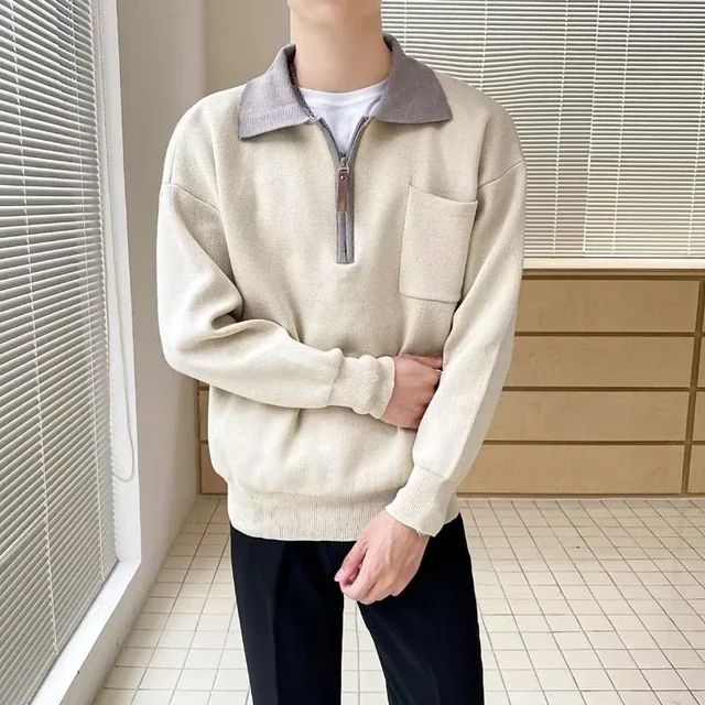 Mens Half-Zip Jumper with Inverted Collar Comfortable Fit