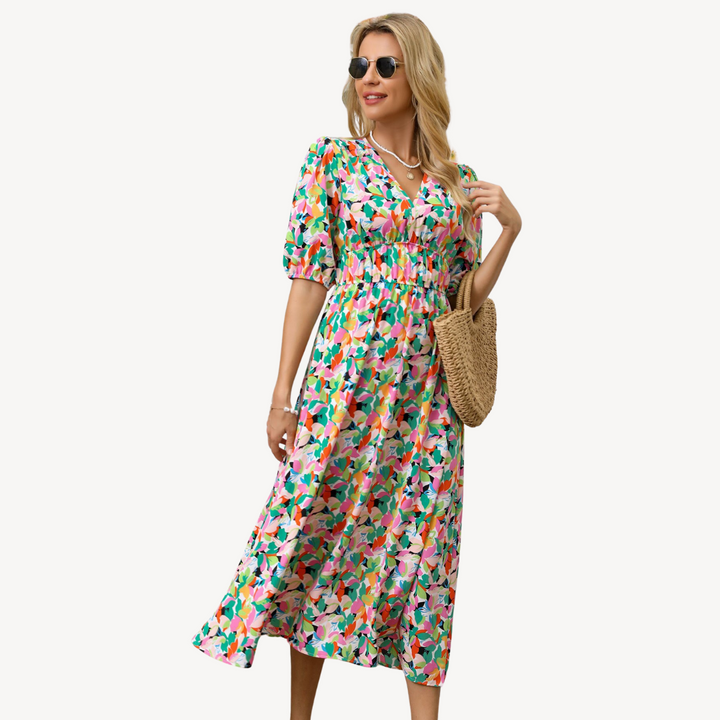 Womens Midi Dress with V-Neck and Floral Print