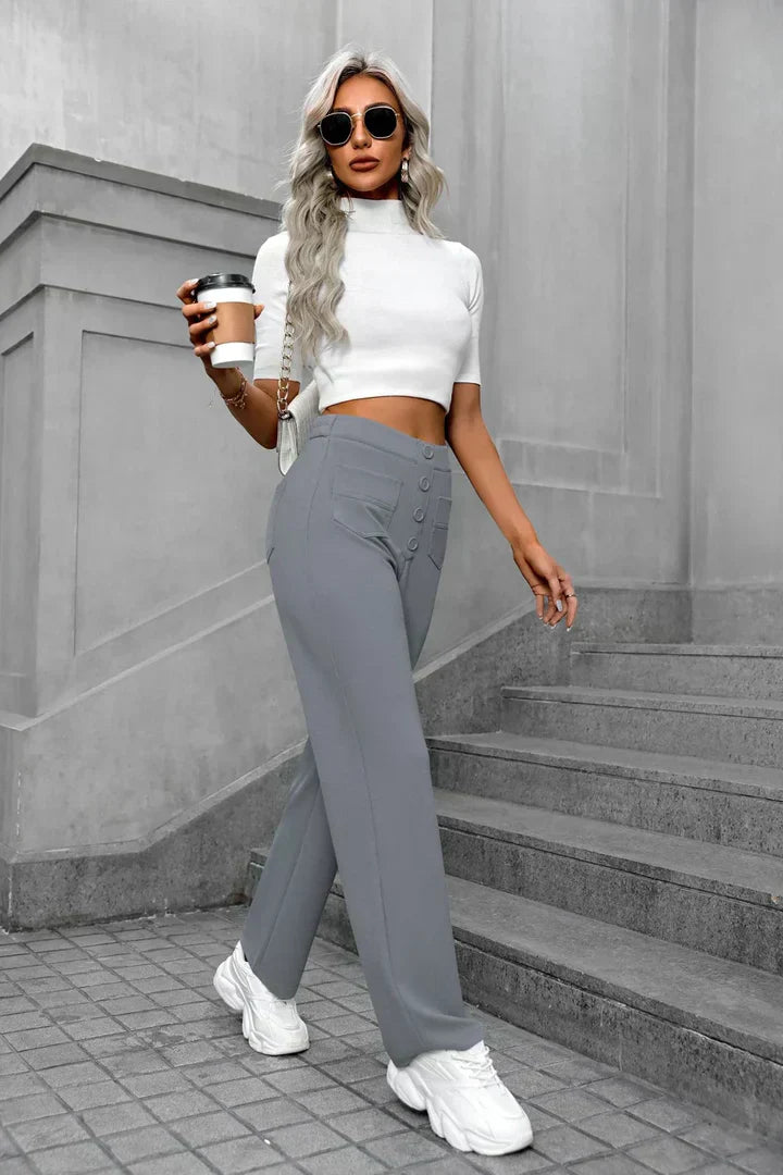 Womens High-Waisted Trousers with Button Placket Stretch - BritishMode