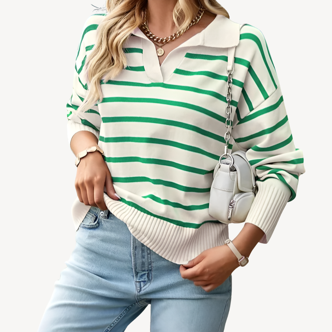 Womens Polo Knit Sweater Striped Pattern Regular Fit - BritishMode