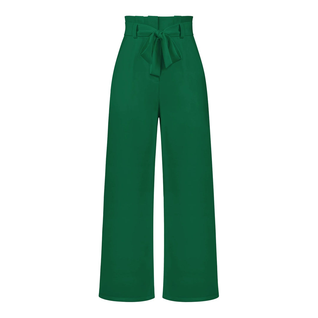 Womens High-Waisted Trousers with Tie Waist Relaxed Fit - BritishMode