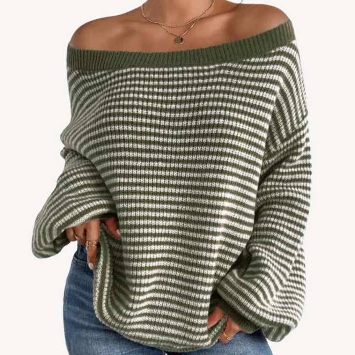 Womens Off-Shoulder Knit Sweater Striped Pattern