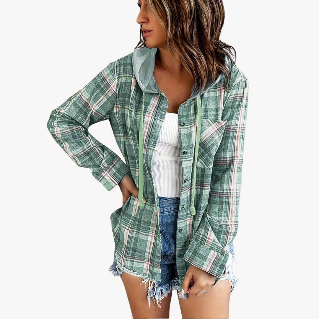 Womens Shirt Jacket Plaid Button-Down with Hood