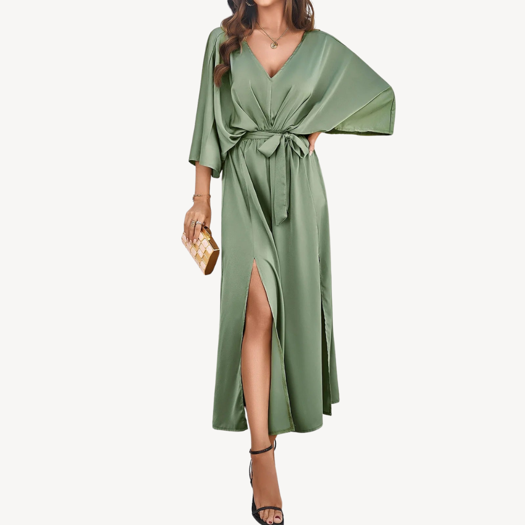 Womens Maxi Dress with V-Neck and Belted Waist
