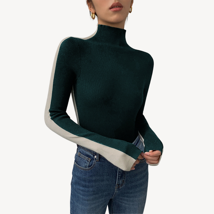 Womens Knit Turtleneck Top Two-Tone Design