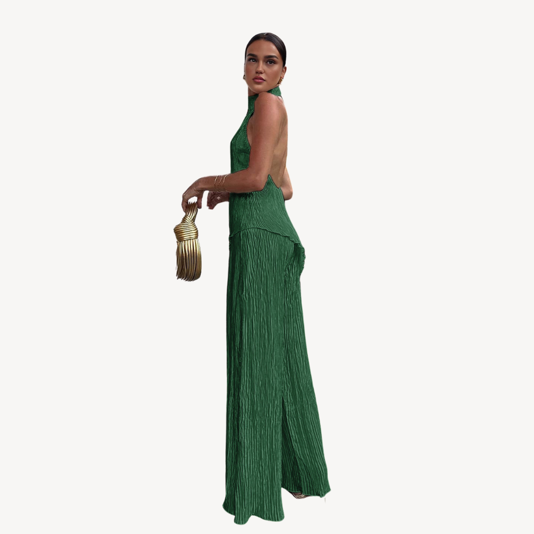 Womens Plissé Jumpsuit with Halter Neck Sleeveless