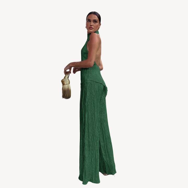 Womens Plissé Jumpsuit with Halter Neck Sleeveless